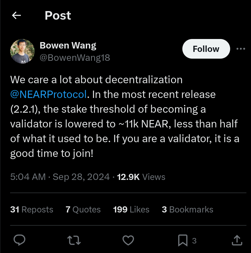 We care a lot about decentralization @NEARProtocol . In the most recent release (2.2.1), the stake threshold of becoming a validator is lowered to ~11k NEAR, less than half of what it used to be. If you are a validator, it is a good time to join!